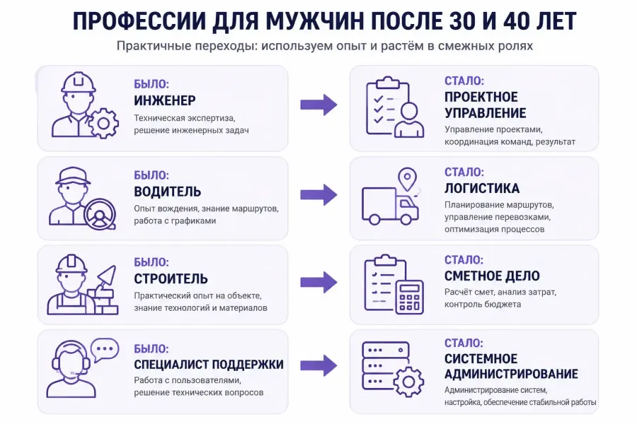 Смена профессии мужчины после 30 и 40 лет: смежные переходы