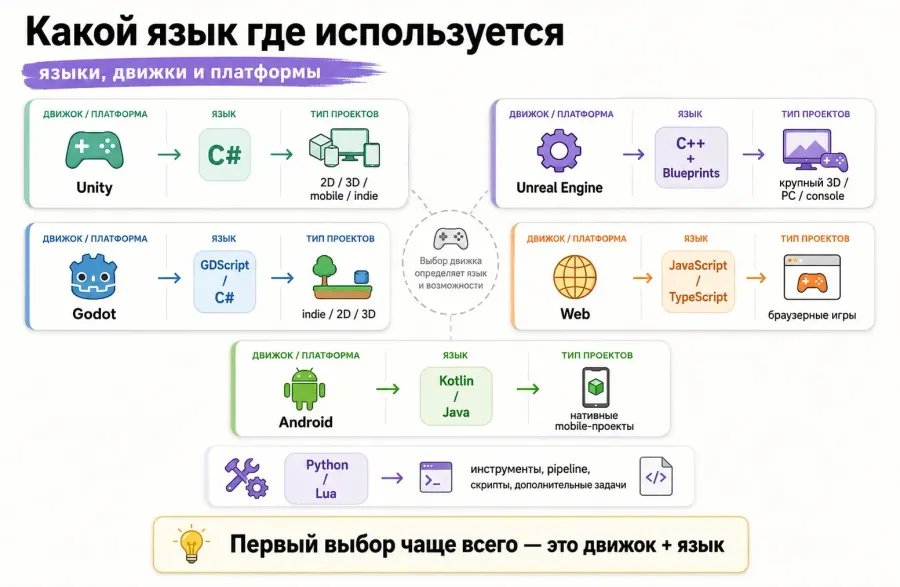 Связка языков программирования с игровыми движками и платформами
