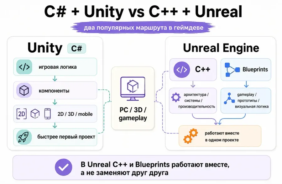 C# с Unity и C++ с Blueprints в Unreal Engine