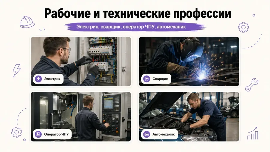 Рабочие и технические профессии: электрик, сварщик, оператор ЧПУ