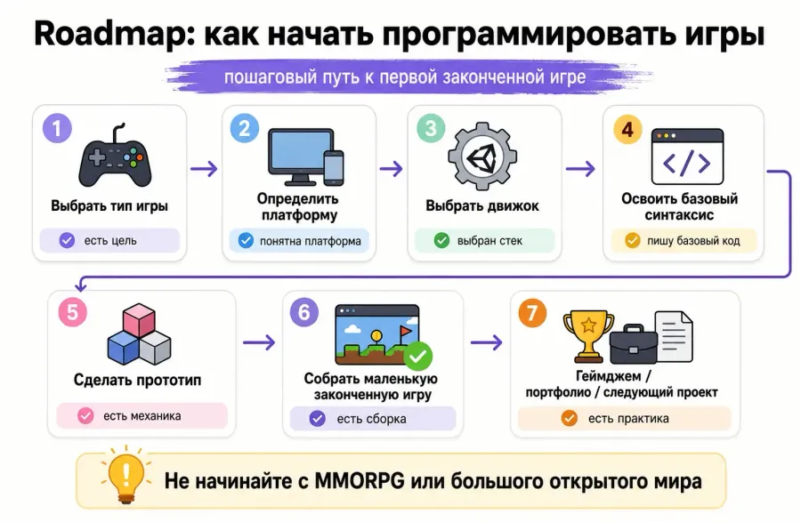Пошаговый путь от выбора движка до первой законченной игры
