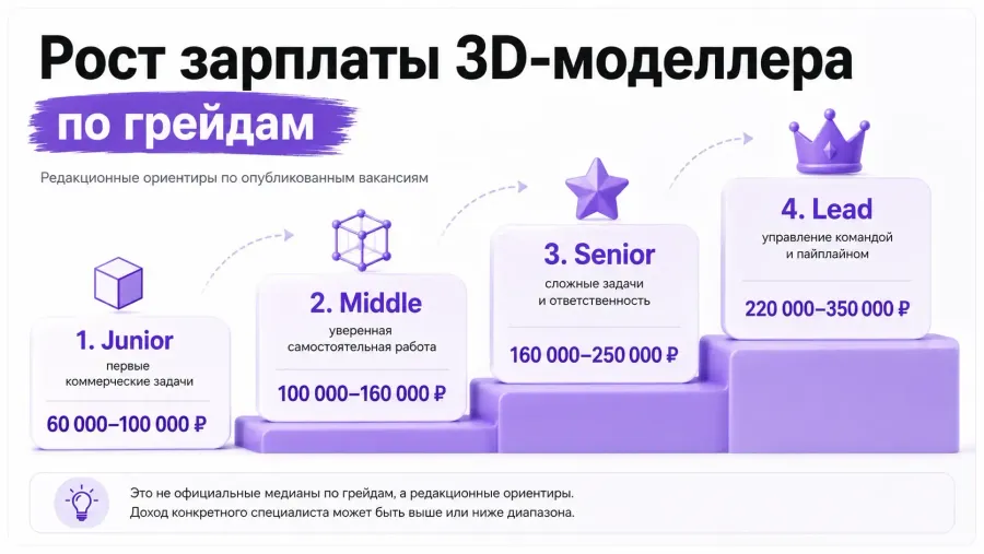 Рост зарплат 3D-моделеров по грейдам 